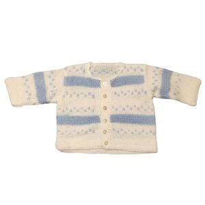 Handmade Knit Crochet Cardigan Sweater Blue & Ivory 90s Y2K Boho Baby 3-9 M